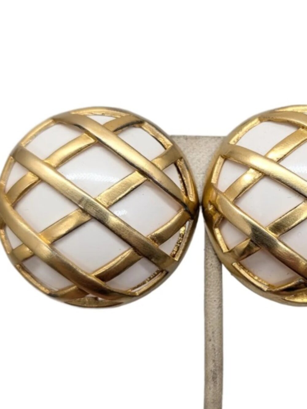 Vintage Signed Ugo Correani Italy Round Domed White Cabochon Caged Clip Earrings